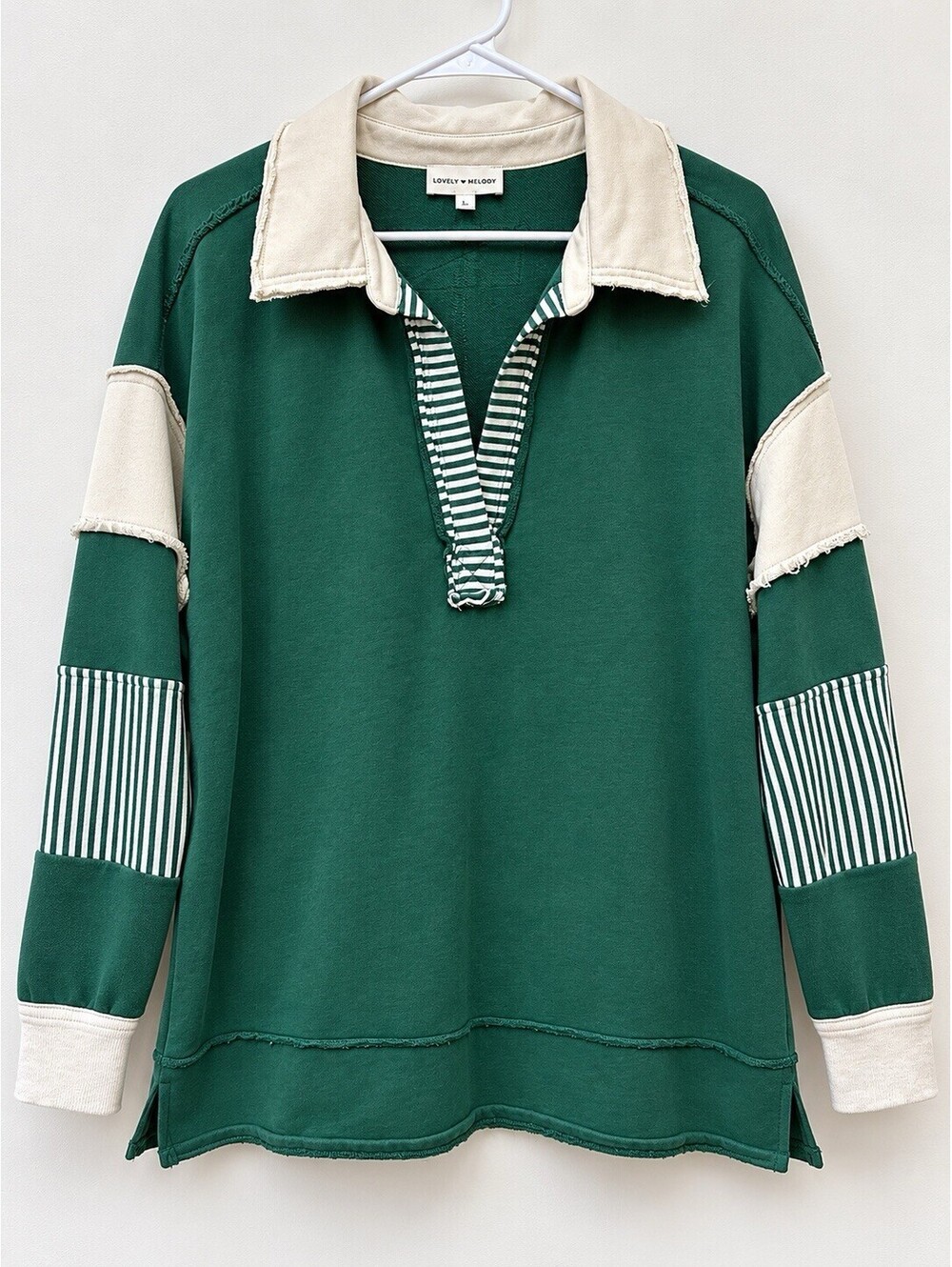 Lovely Melody Sweatshirt Size Large Green Cream White Rugby V-Neck Collared